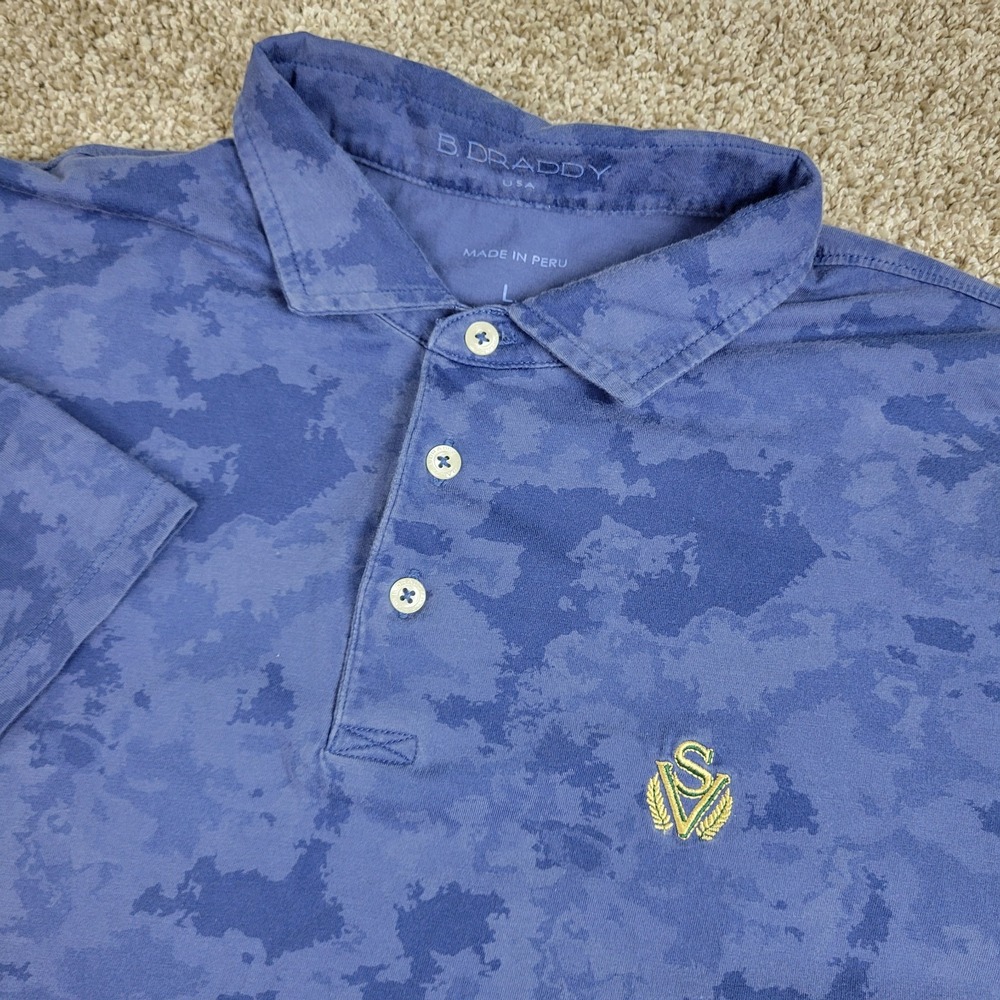 B Draddy USA Mens Large Blue Camo Performance Stretch Polo Short Sleeve